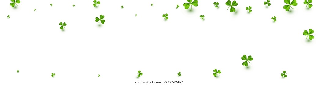 Spring Clover Botanical Vector White Panoramic Background. Bright Leaf Fly Template. Falling Leaves Pattern. Malachite Shamrock Stream Wallpaper.