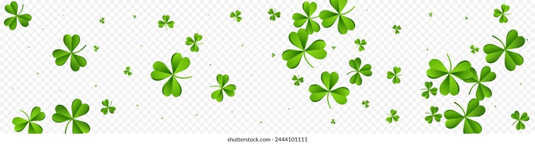 Spring Clover Falling Vector Transparent Panoramic Background. Green Leaf Isolated Design. Holiday Foliage Template. Malachite Leaves Wind Illustration.