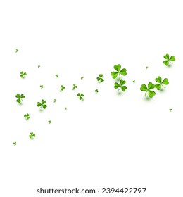 Spring Clover Falling Vector White Background. Green Leaf Holiday Pattern. Summer Foliage Backdrop. Olive color Shamrock Stream Design.
