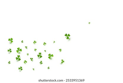 Spring Clover Fly Vector White Background. Olive color Leaves Stream Wallpaper. Botanical Shamrock Illustration. Bright Foliage Wind Pattern.