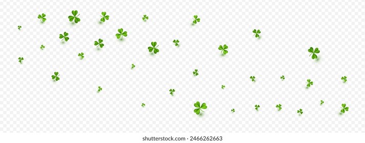 Spring Clover Holiday Vector Transparent Panoramic Background. Olive color Leaves Falling Backdrop. Stream Leaf Illustration. Bright Shamrock Air Design.