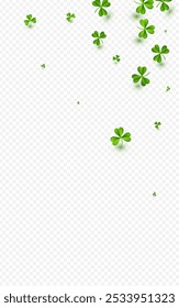 Spring Clover Holiday Vector Transparent Background. Malachite Foliage Minimal Template. Summer Leaves Wallpaper. Olive color Shamrock Falling Backdrop.