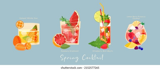 Spring cocktails vector set. Summer tropical four drink glass with lemon, berry, prosecco, mint, mojito, rosemary, grapefruit, kumquat, whisky. Everything you need for party
