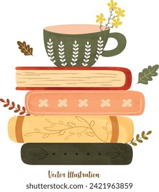 taza de café de primavera en la pila de libros vintage elemento acuarela para fiesta de bienvenida de invitación celebración de cumpleaños tarjeta ilustración vectorial de mano