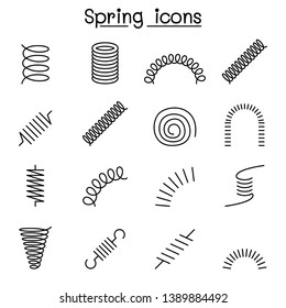 Spring, coil and absorber icon set in thin line style