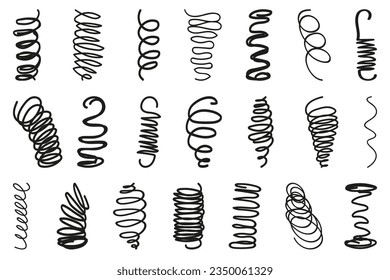 Spring coil collection. Set of black spiral springs, metallic coil and linear spirals. Spring, coil and absorber icon collection svg