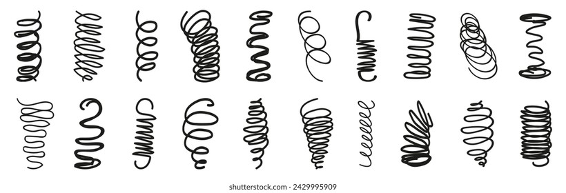 Spring coil collection. Set of black spiral springs, metallic coil and linear spirals. Spring, coil and absorber icon collection