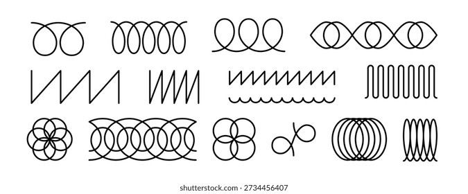 Conjunto de Formas de bobina de primavera. Colección de línea de curva. Líneas de onda en zigzag. Bobina flexible Abstractas, línea de bucle, espiral delgada. Elemento de diseño moderno. Ilustración vectorial aislada sobre fondo blanco.