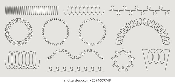 Spring coil shapes - zigzag lines, spiral circles, curved loops. Minimal black outline patterns showing mechanical flexibility. Different tension forms from tight compact to loose rounded designs.