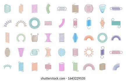 Spring coils. Metal spiral spring, car motor coil swirls silhouette, wire springs, metallic flexible coils and line steel curved spiral isolated vector icons. color steel helix, suspension symbols