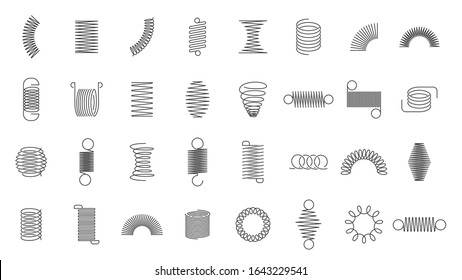 Spring coils. Metal spiral spring, car motor coil swirls silhouette, wire springs, metallic flexible coils and line steel curved spiral isolated vector icons set. black steel helix, suspension symbols