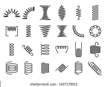 Spring coils. Metal spiral springs, metallic coil and linear spirals silhouette. Vape or machine steel coil, twisted spiral flexibility spring part. Isolated vector icon set