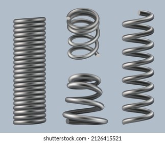 Spring coils. Steel geometrical 3d objects machine details metallic stretch and flexible material for heavy industry decent vector realistic spring coil