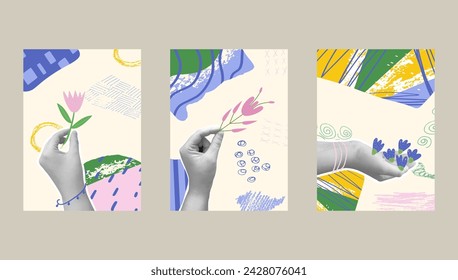 Spring collage backgrounds set. Banner templates collection with hand retro sticker and hand drawn flowers. Summer covers with decoration. Vector modern flat mixed media illustration.