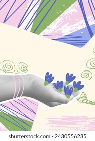 Collage de primavera de fondo vertical. Plantilla de banner con pegatina retro de mano y flor dibujada a mano. Portadas de las redes sociales de verano con decoración. Ilustración vectorial.