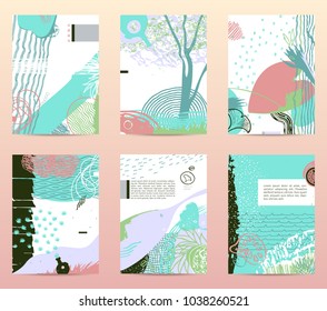 spring collection of abstract cards or cover images, trendy colors compositions with absract shapes and textures