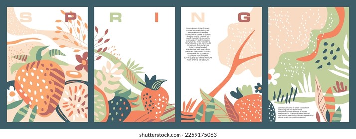 Spring collection of artistic banners and flyers. Strawberry field graphic with floral design elements, plants, fruits and trees. Nature landscape vector illustration.