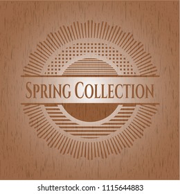                               Spring Collection badge with wood background                                           