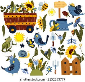 Spring collection, bird, gardening instruments, fairytale garden wheelbarrow with wildflowers and sunflower, watering can, butterfly and other. Vector illustration.
