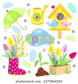 Spring collection. Birdhouse, birds, umbrella, bouquet in a boot, watering can, sprout. Vector illustration