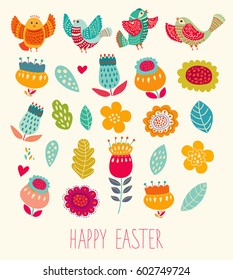 Spring collection with birds and flowers