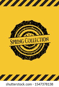 Spring Collection black grunge emblem with yellow background. Vector Illustration. Detailed.