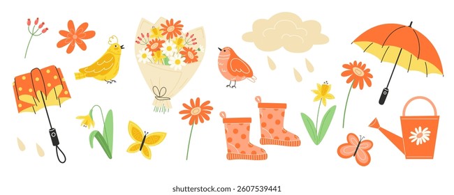 Spring Collection of Bright and Cheerful Elements in Flat Style. Cute garden accessories for spring and summer