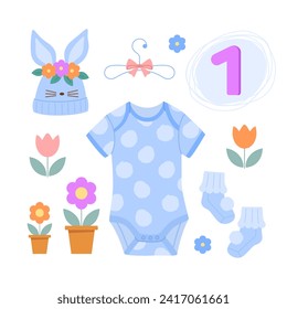 Spring collection of clothes for kids: hat with bunny ears, short-sleeve bodysuit, socks, coat hangers. Set of clothes and decor for photoshoot of a one-year-old girl. Vector illustration.