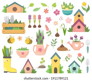 Spring collection with cute bees, flowers, watering cans, birdhouses. Hand drawn flat cartoon elements. Vector illustration.