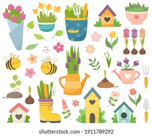 Spring collection with cute bees, flowers, watering cans, birdhouses. Hand drawn flat cartoon elements. Vector illustration.