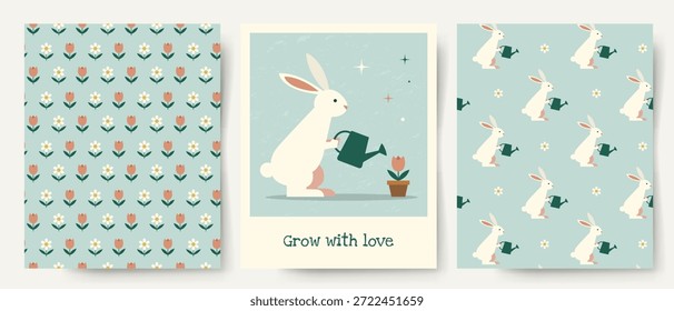 Colección de primavera con lindas flores de regar conejo. Patrones sin fisuras y tarjeta de felicitación minimalista. Fondos pastel de primavera