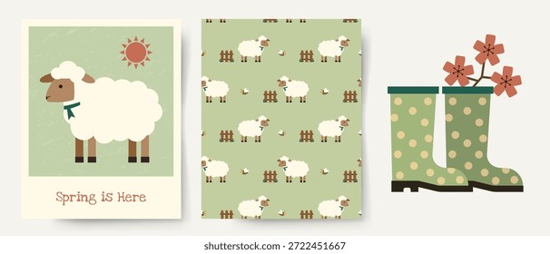 Coleção de primavera com ovelhas bonitas e botas. Padrão perfeito e cartão de saudação minimalista. Fundo pastel da primavera
