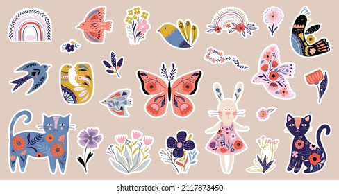 Spring collection with decorative stickers, folk style design, seasonal floral elements