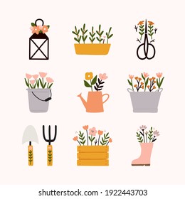 Spring collection with different garden elements cute floral lantern, pot, scissors, bucket shop, watering can, vintage bucket, spade, pitchfork, Wooden box, rain boot and flowers illustration.