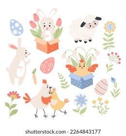 Spring collection. Easter animals, rabbit with tulips, chicken in box, couple poultry and cute sheep, eggs and flowers. Vector illustration. Isolated paschal symbols in flat cartoon style for design