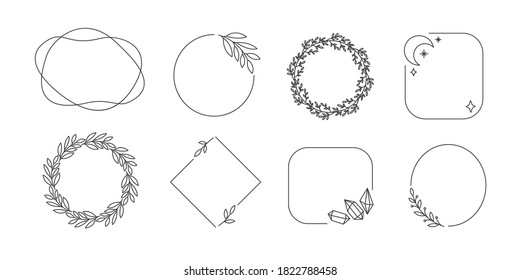 Spring collection of elegant floral wreaths. Floral round frames of branches and leaves. Vector illustration