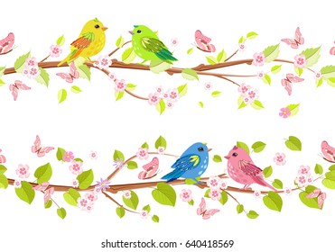 spring collection of floral seamless borders with cute birds for your design 