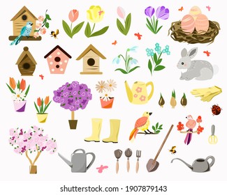 Spring collection with flowers, insects, trees, rabbit, and set of for gardening. Vector illustration