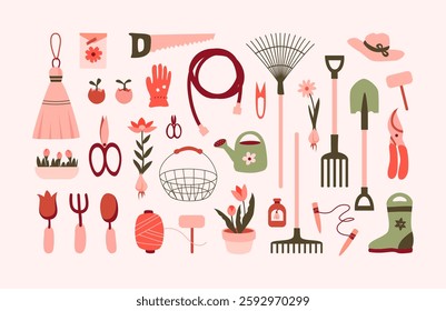 Spring collection of garden tools. Shovel, rake, scissors, pruning shears, rope, watering can, basket, saw, flowers, gloves