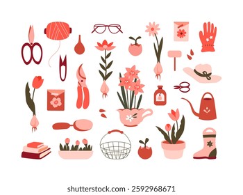 Spring collection of gardening elements, growing flowers. Sprouts, seeds, scissors, secateurs, watering can, flowers, gloves