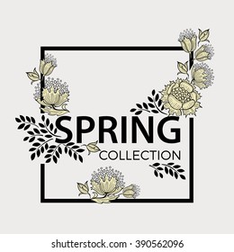 Spring collection. Graphic design. Square floral frame. Poster.