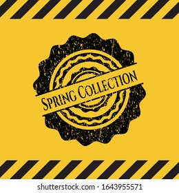 Emblema negro gris de la colección Spring con fondo amarillo, signo de advertencia. Ilustración vectorial. Detallado.