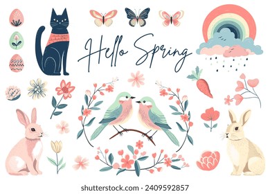 Spring collection. Hand drawn spring elements cat, flowers, bird, bunny. Vector illustration. Trendy spring design 