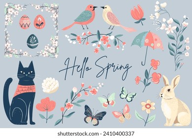 Colección de primavera. Flores, gatos, pájaro, conejito. Ilustración vectorial. Diseño de resorte moderno 