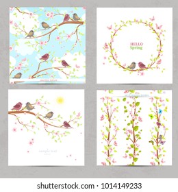 spring collection invitation cards, nature borders and texture with cute birds,  for your design