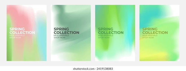 Spring Collection. New Arrivals. Promotional flyers set. Springtime season abstract blurred color backgrounds for business, seasonal shopping promotion and advertising. Vector illustration.