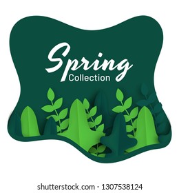 Cartel de la colección de primavera o diseño de plantilla decorado con hojas tropicales cortadas de papel.