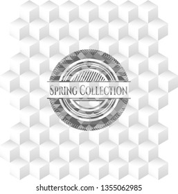 Spring Collection retro style grey emblem with geometric cube white background