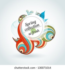 Spring collection round banner with abstract swirls, leaf and flower