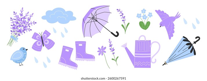 Spring Collection with Rubber Boots, Umbrella, Lavender Flowers and Butterflies in Flat Style. Cute garden accessories for spring and summer